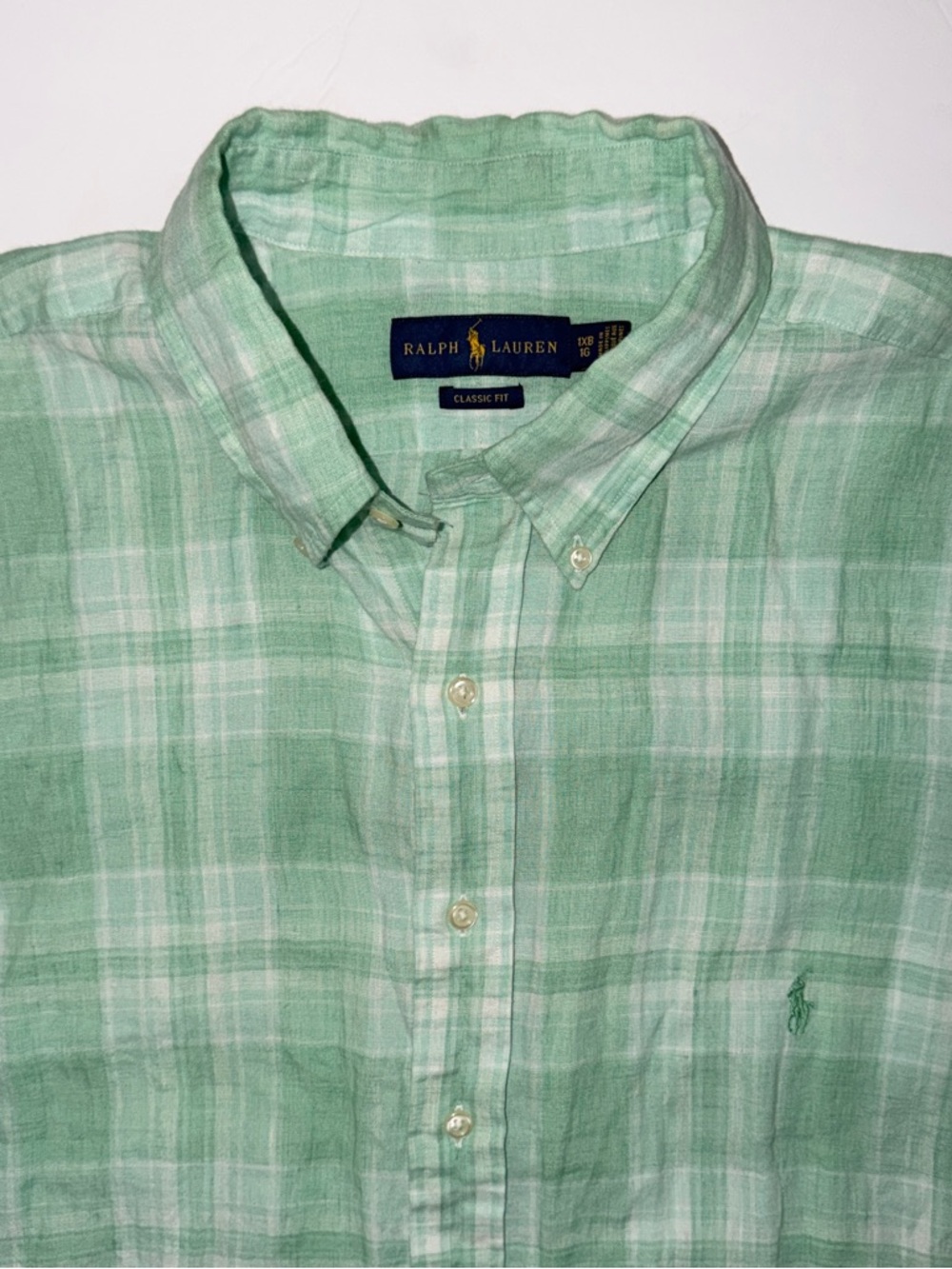 Polo Ralph Lauren PLAID 100% LINEN Shirt Green White Long Sleeve Men's 1XB Pony